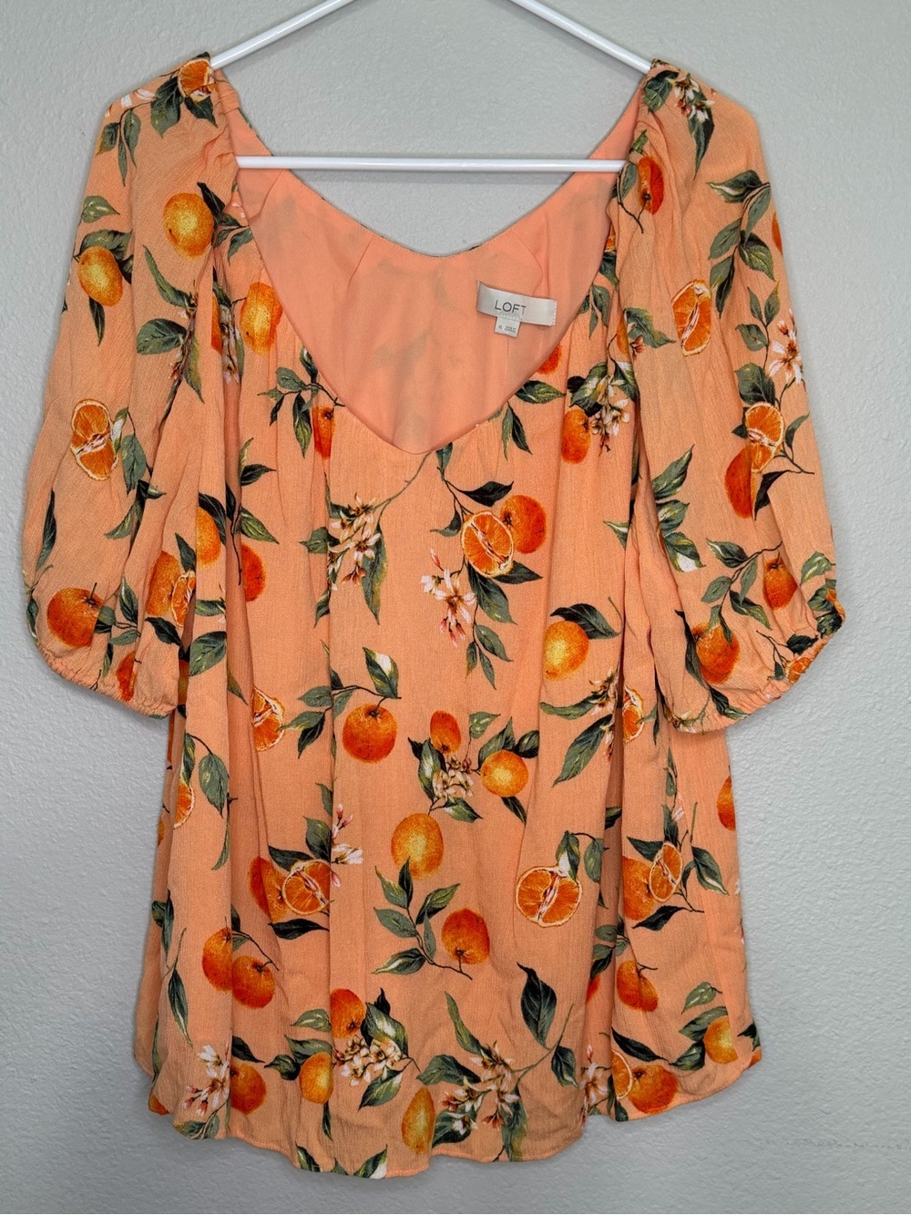 LOFT Citrus Orange Print Blouse Women's XL Peachy Orange Puff Sleeve NWT